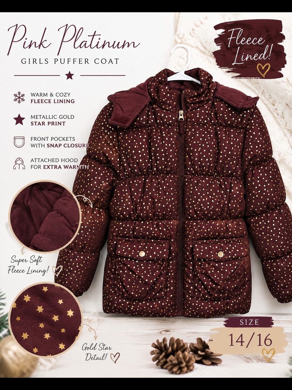 Pink Platinum Girls Maroon Puffer Jacket with Gold Star Print Size 14/16
